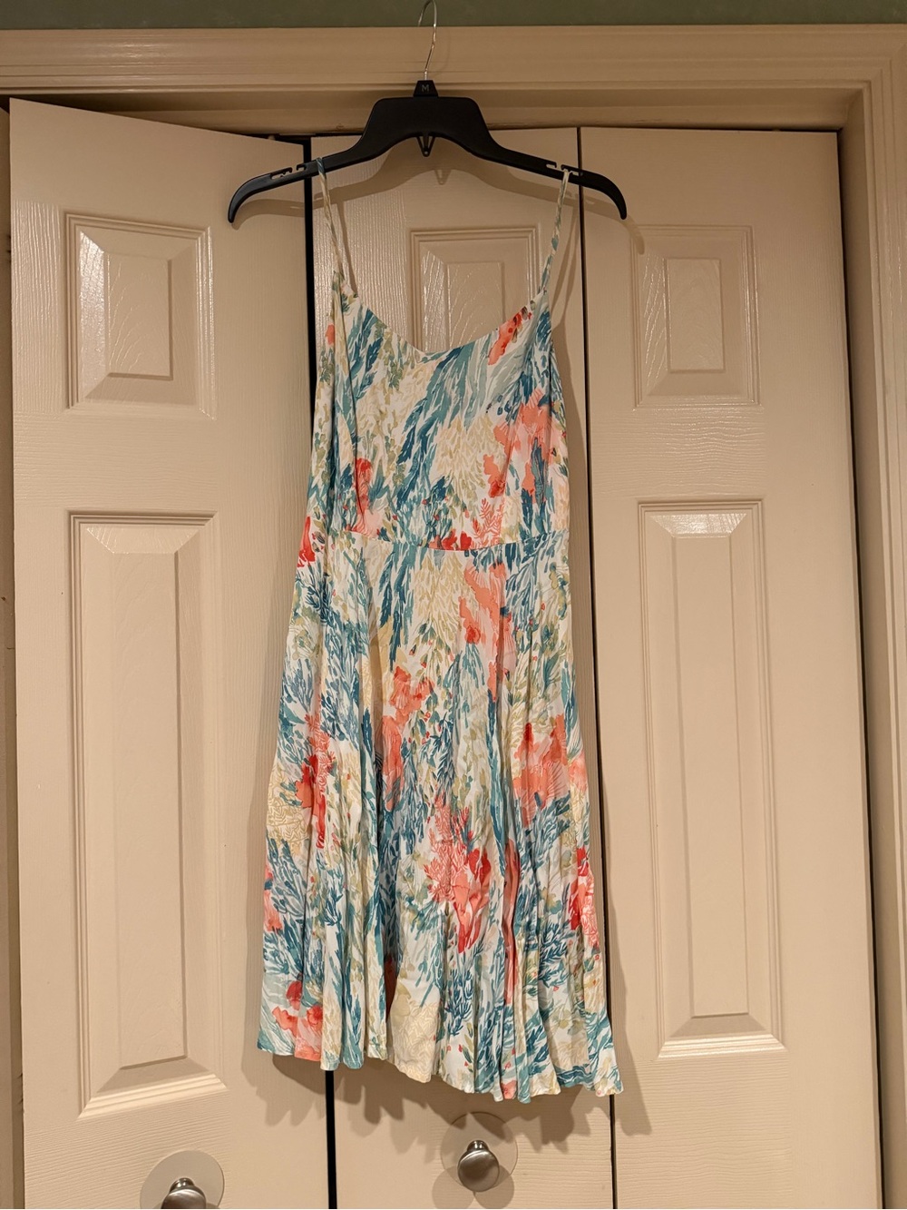 Old Navy Cream Floral Mini Dress with Blue & Coral Brushstrokes